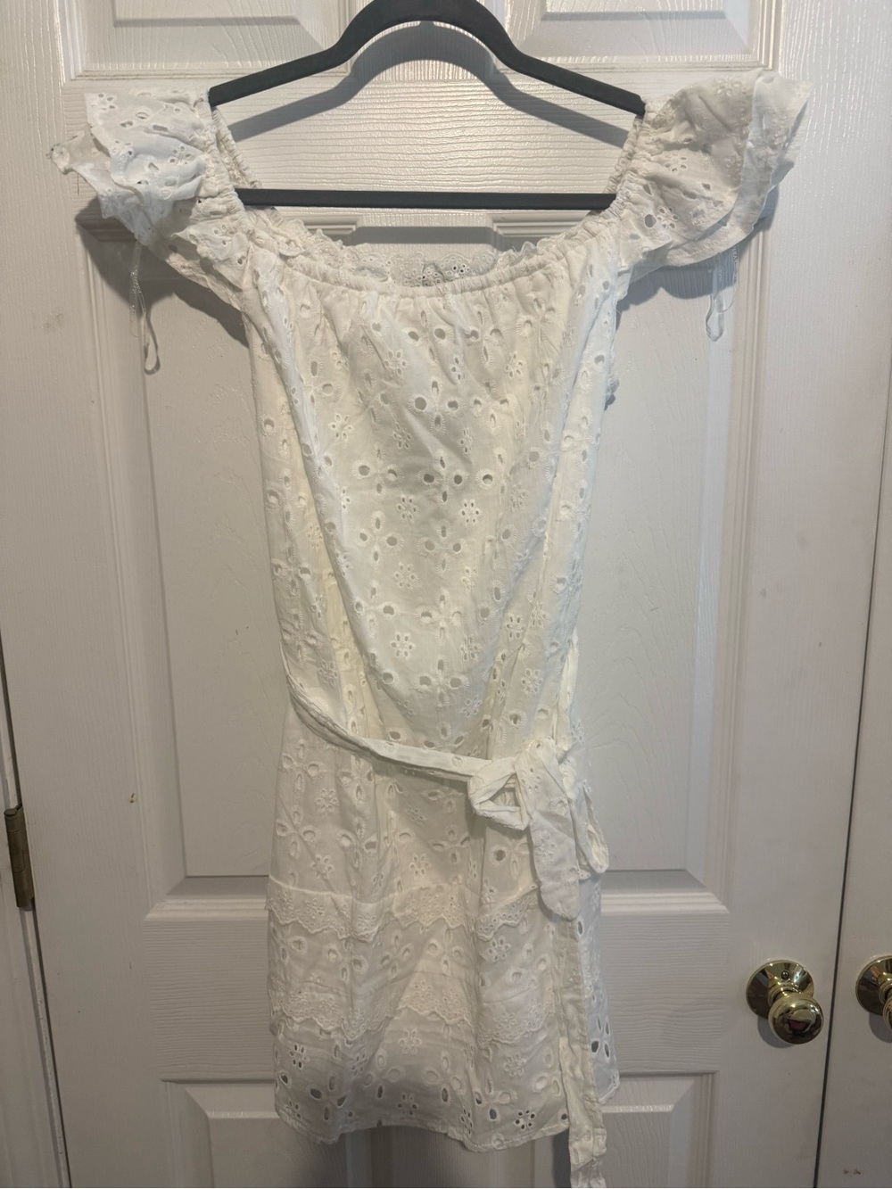 Parisian Works White Eyelet Off-the-Shoulder Mini Dress